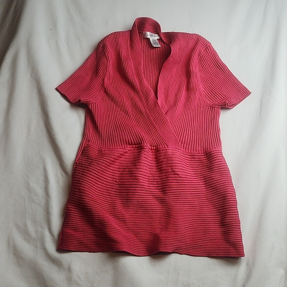 August Silk Ribbed Knit Wrap Top Short Sleeve V-Neck Pink Women's Size XL